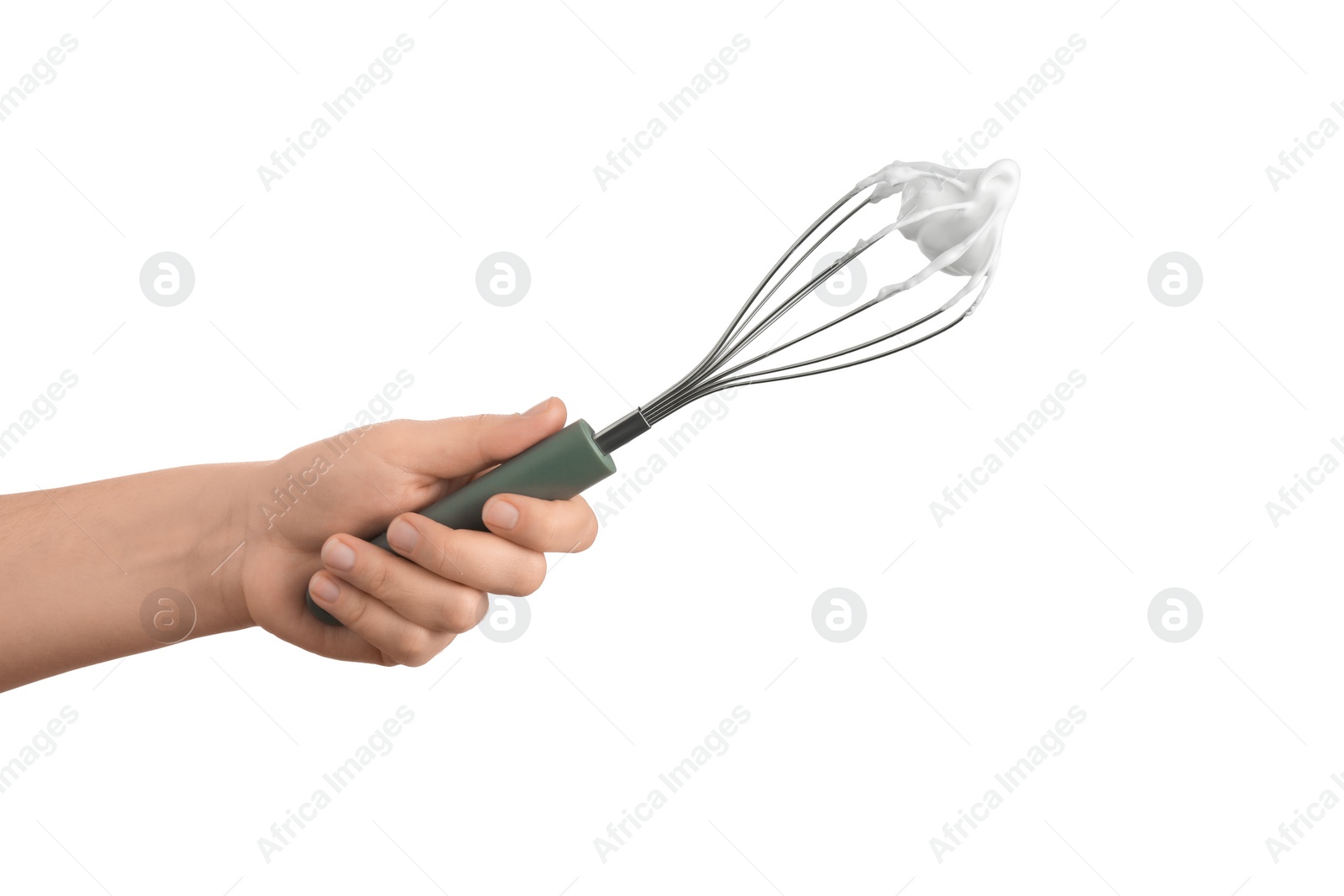 Photo of Woman holding whisk with whipped cream on white background, closeup