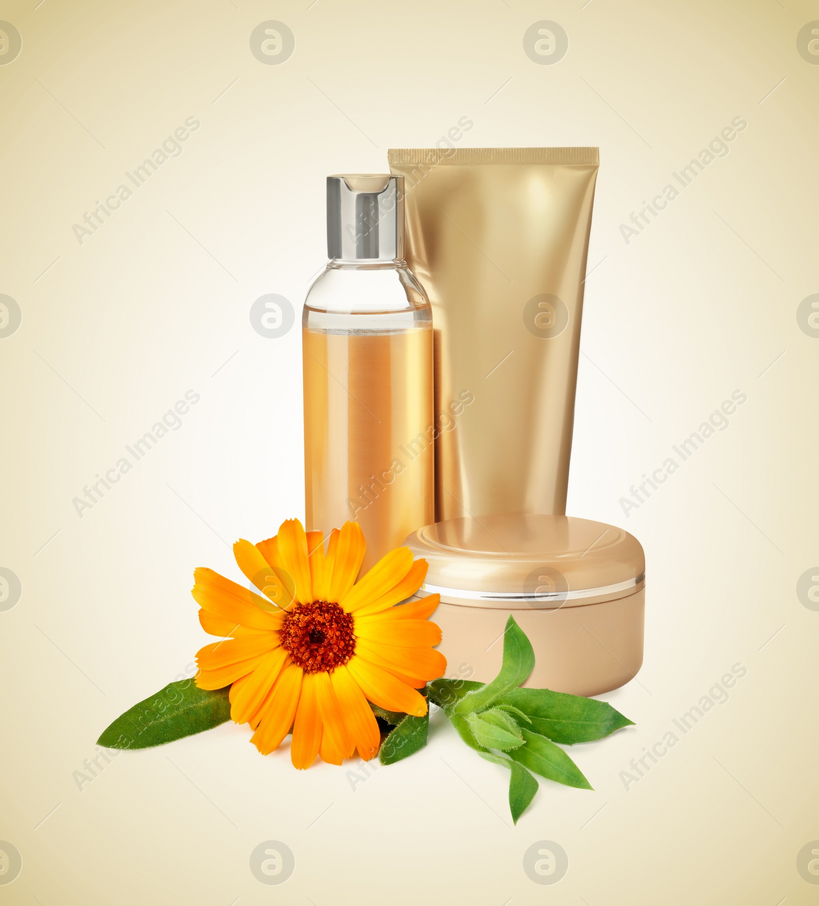 Image of Different cosmetic products with calendula extract on beige background 