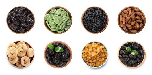 Image of Set with different tasty dried fruits on white background, top view. Banner design