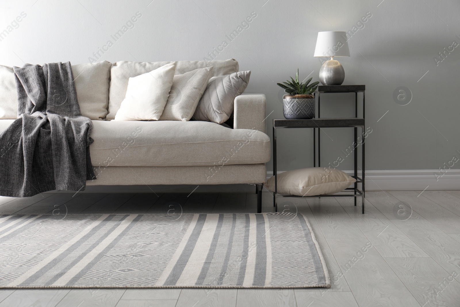 Photo of Living room interior with comfortable sofa and stylish rug