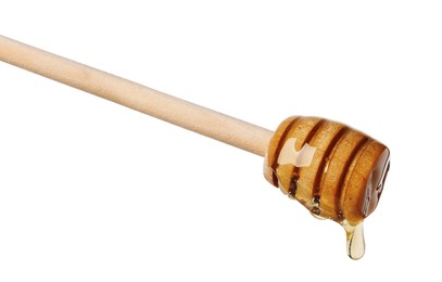 Photo of Natural honey dripping from dipper on white background