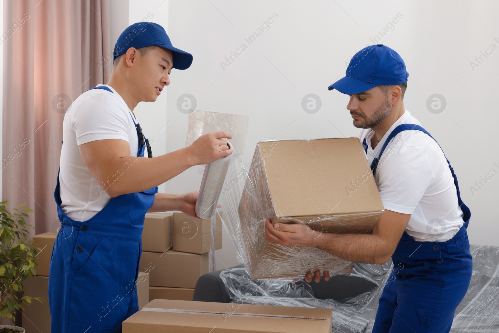 Photo of Workers wrapping box in stretch film indoors