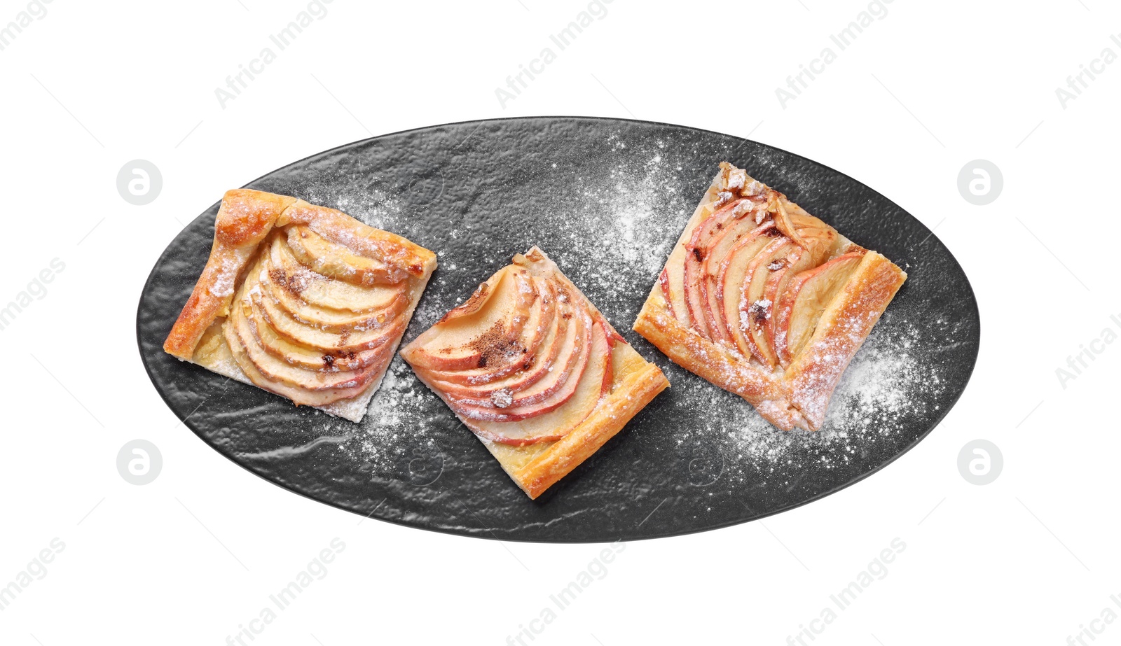 Photo of Pieces of delicious apple pie with powdered sugar isolated on white, top view