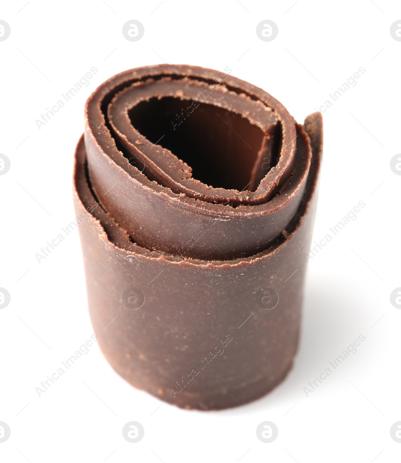 Photo of Yummy chocolate curl for decor on white background