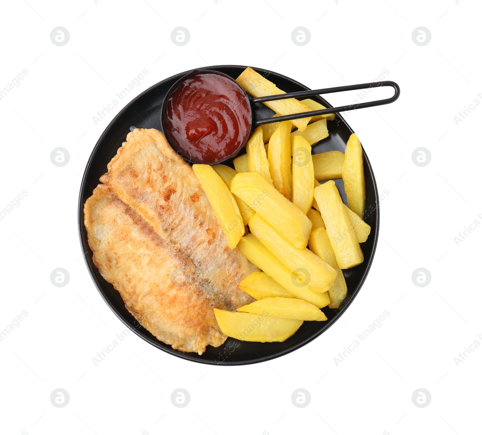 Photo of Delicious fish and chips with ketchup isolated on white, top view