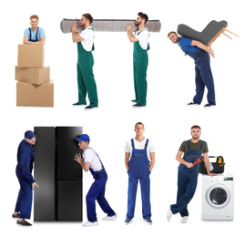 Collage with photos of workers carrying furniture and appliances on white background, banner design. Moving service