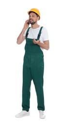 Photo of Professional repairman in uniform talking on phone against white background