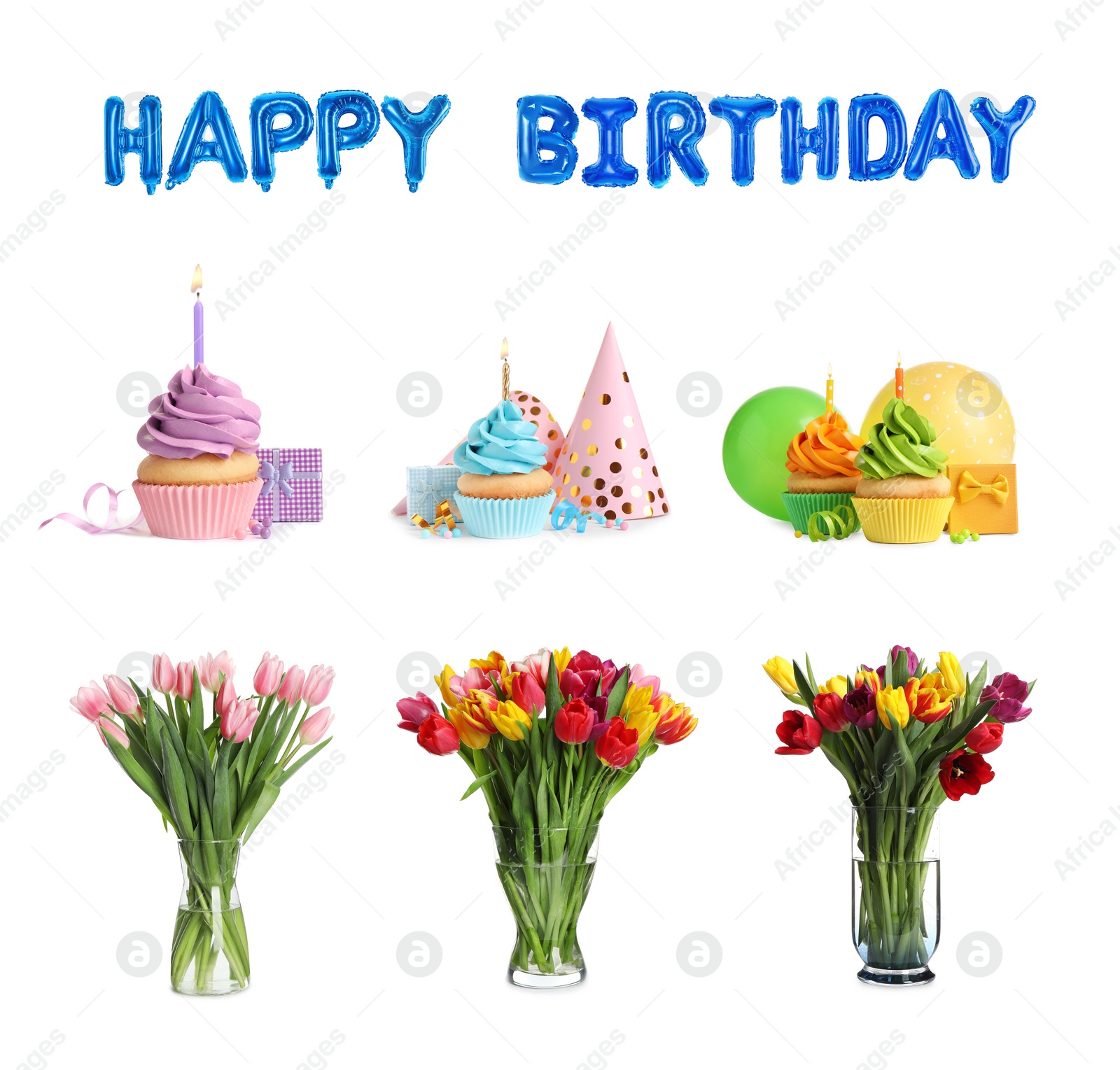 Image of Set of different birthday items on white background