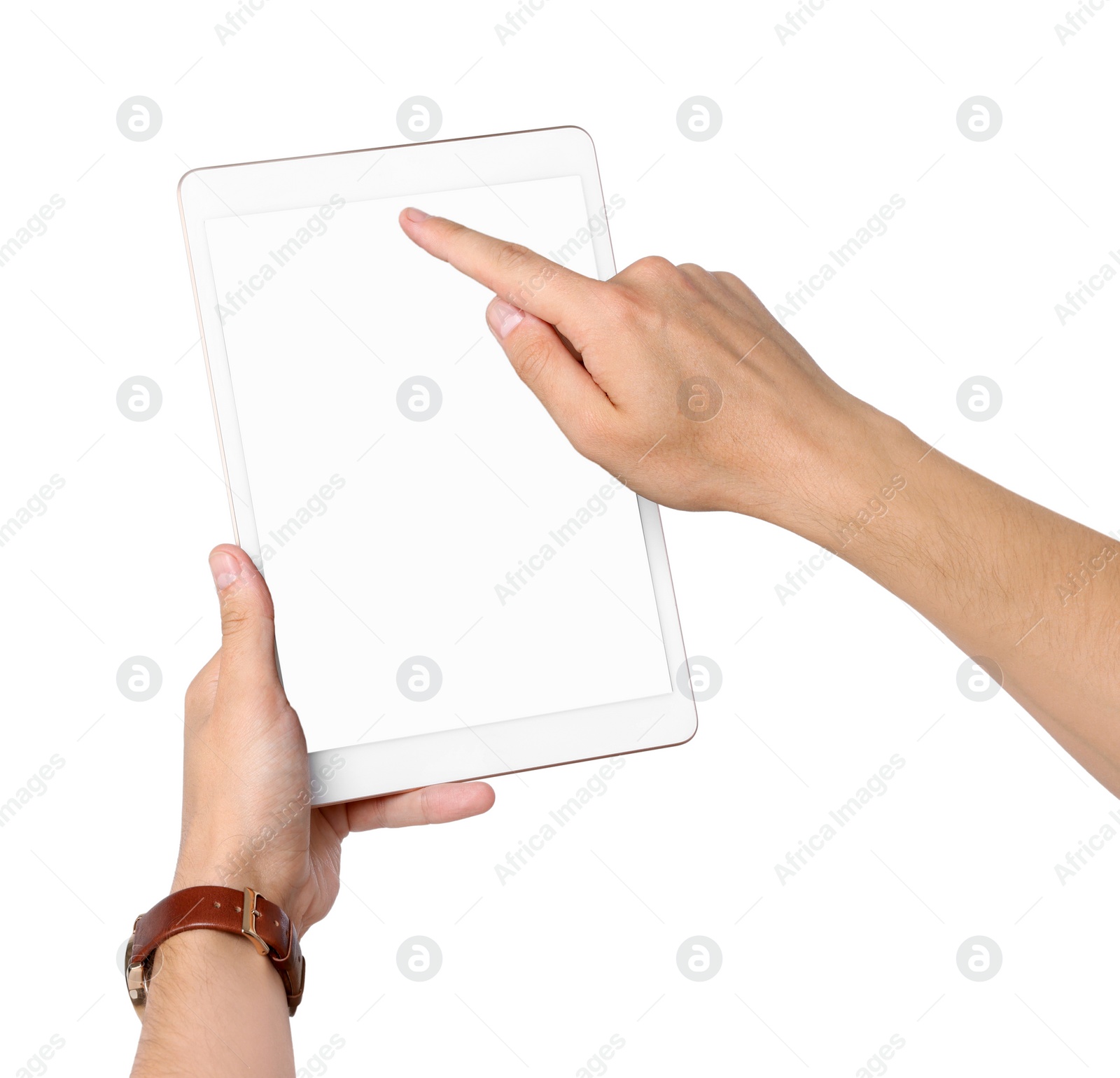 Photo of Man using tablet with blank screen on white background, closeup. Mockup for design