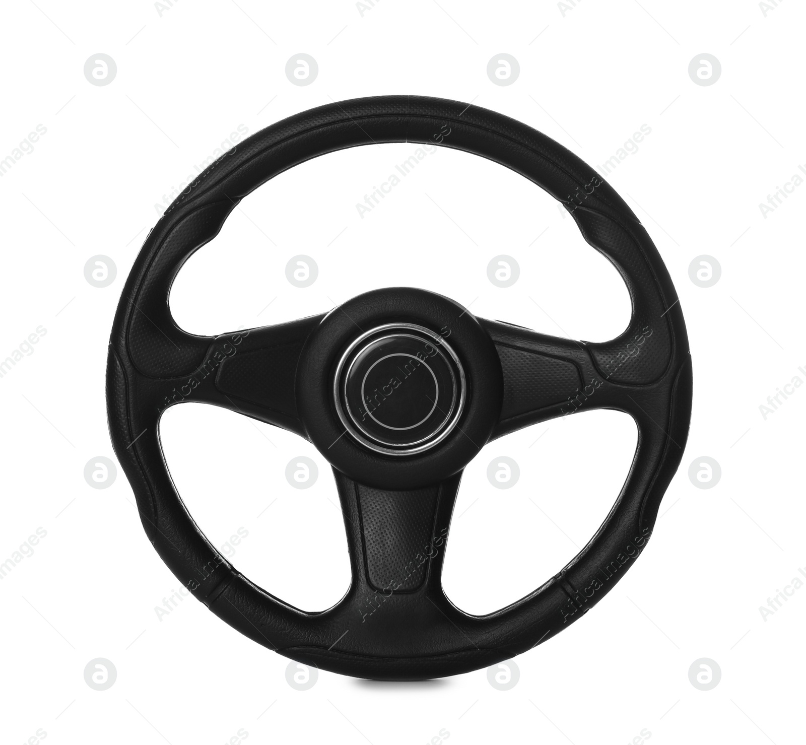 Photo of New black steering wheel isolated on white