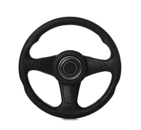 Photo of New black steering wheel isolated on white