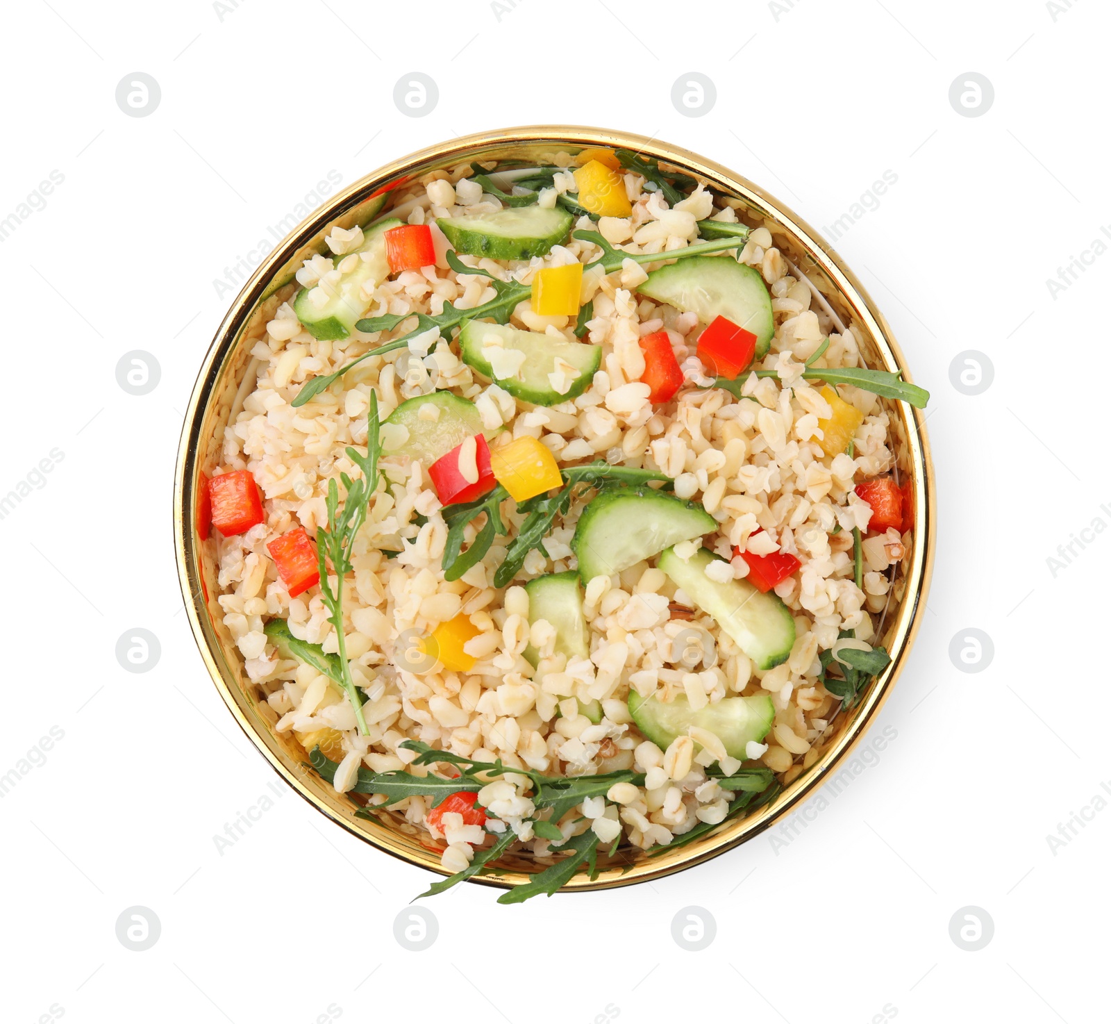 Photo of Cooked bulgur with vegetables in bowl isolated on white, top view