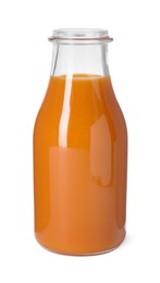 Fresh carrot juice in glass bottle isolated on white