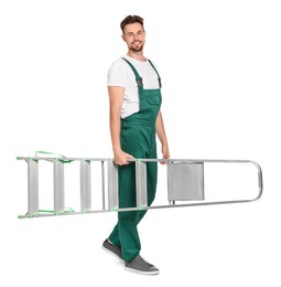 Photo of Worker in uniform holding metal ladder on white background