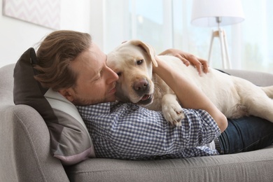 Photo of Adorable yellow labrador retriever with owner on couch indoors