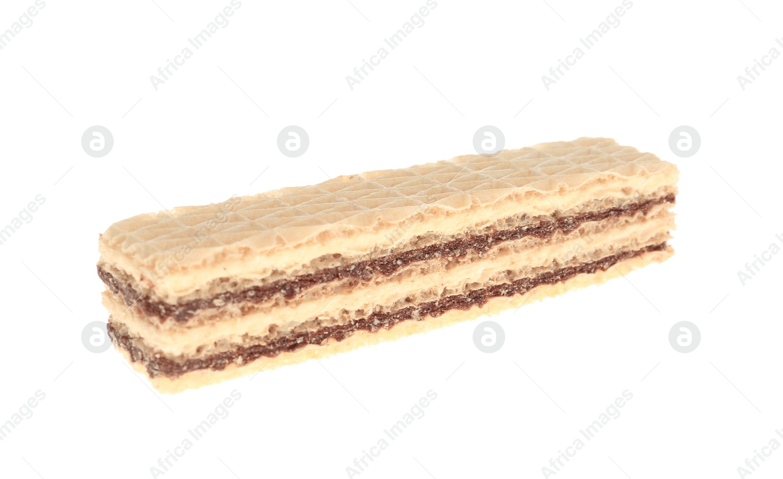 Photo of Wafer stick with chocolate filling isolated on white. Sweet food