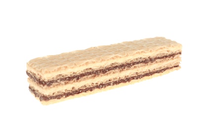 Photo of Wafer stick with chocolate filling isolated on white. Sweet food