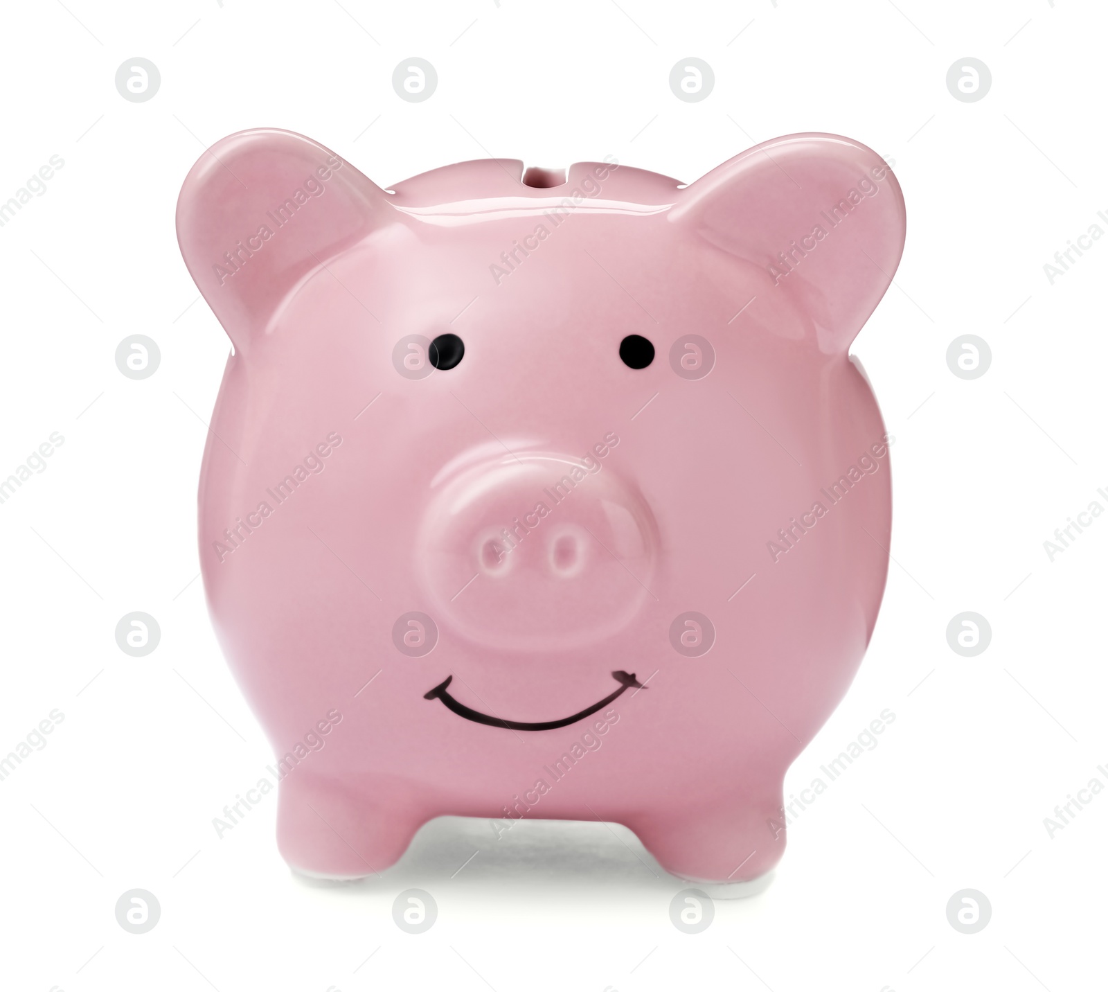 Photo of Pink piggy bank on white background. Money saving