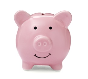 Pink piggy bank on white background. Money saving