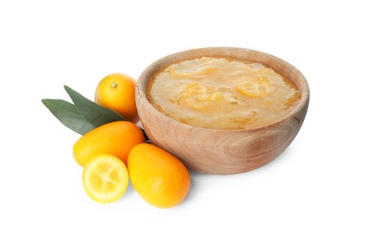 Delicious kumquat jam in bowl and fresh fruits on white background