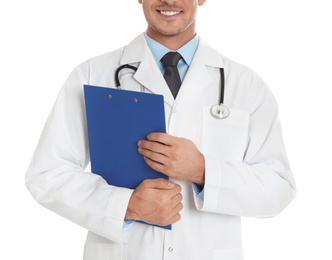 Doctor with clipboard on white background, closeup