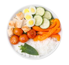 Delicious poke bowl with meat, rice, eggs and vegetables isolated on white, top view