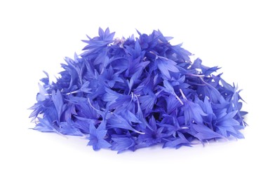 Photo of Heap of beautiful cornflower petals isolated on white