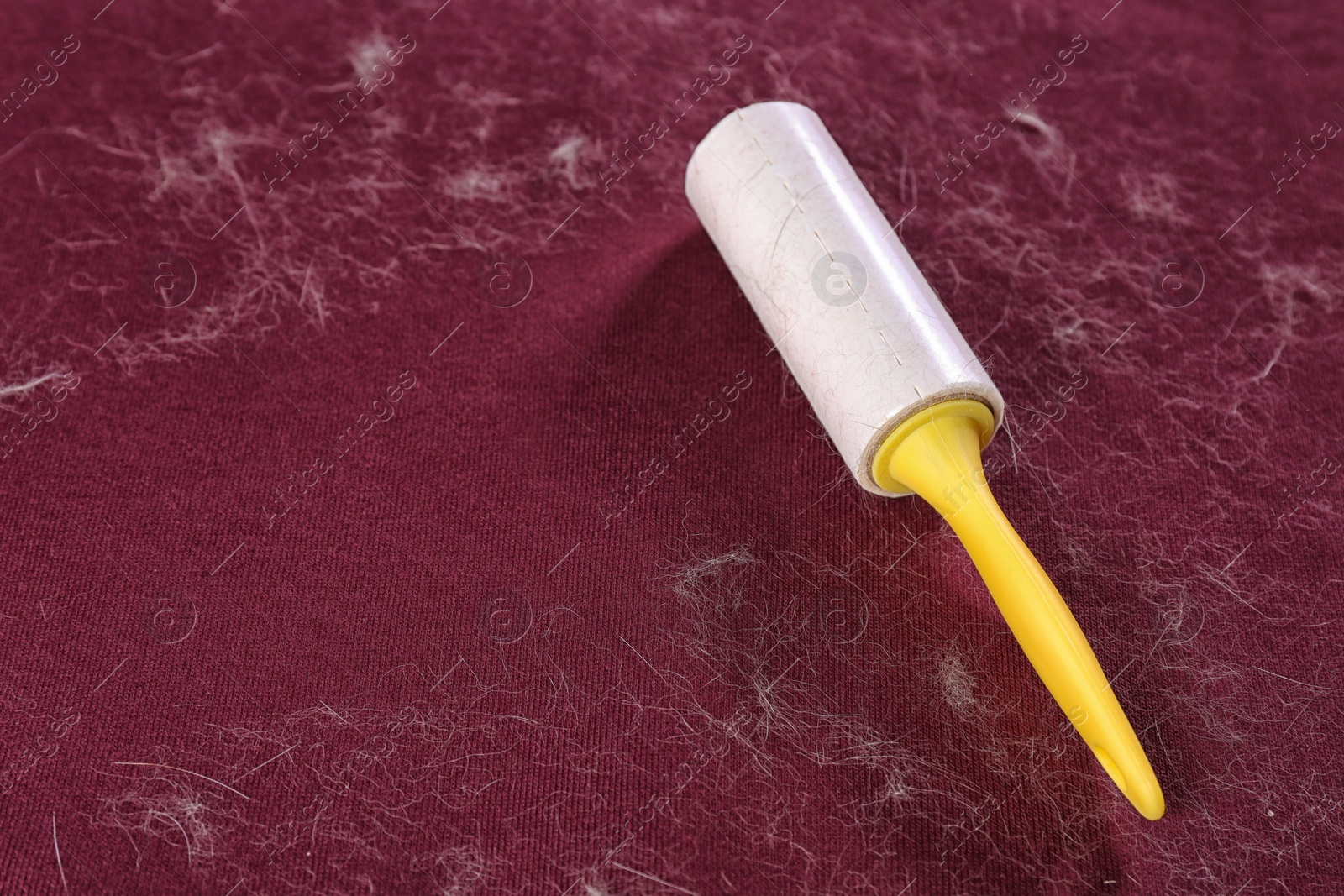 Photo of Lint roller on red fabric covered with hair. Space for text