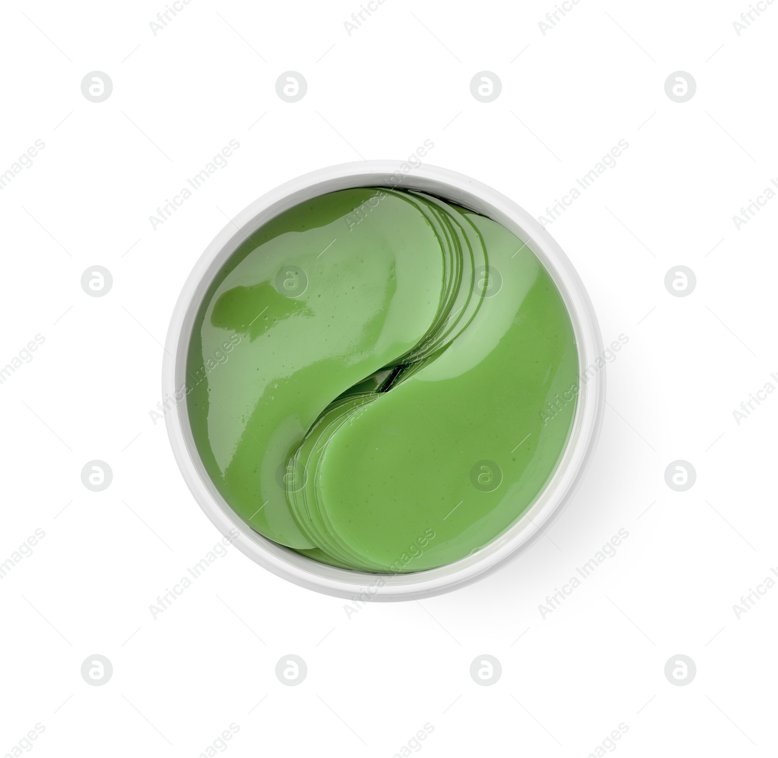 Photo of Jar of under eye patches isolated on white, top view. Cosmetic product