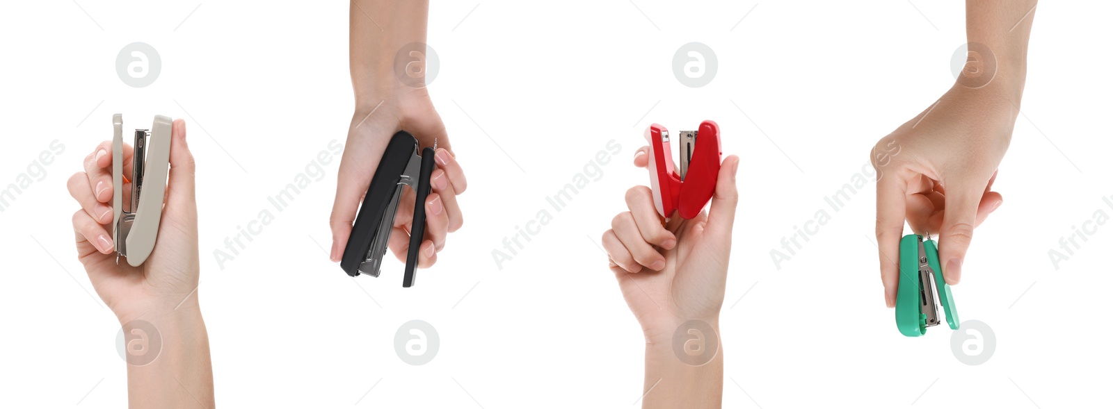 Image of Woman holding colorful staplers isolated on white, collection of photos