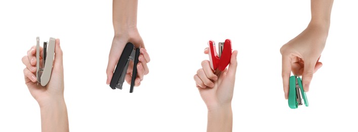 Image of Woman holding colorful staplers isolated on white, collection of photos