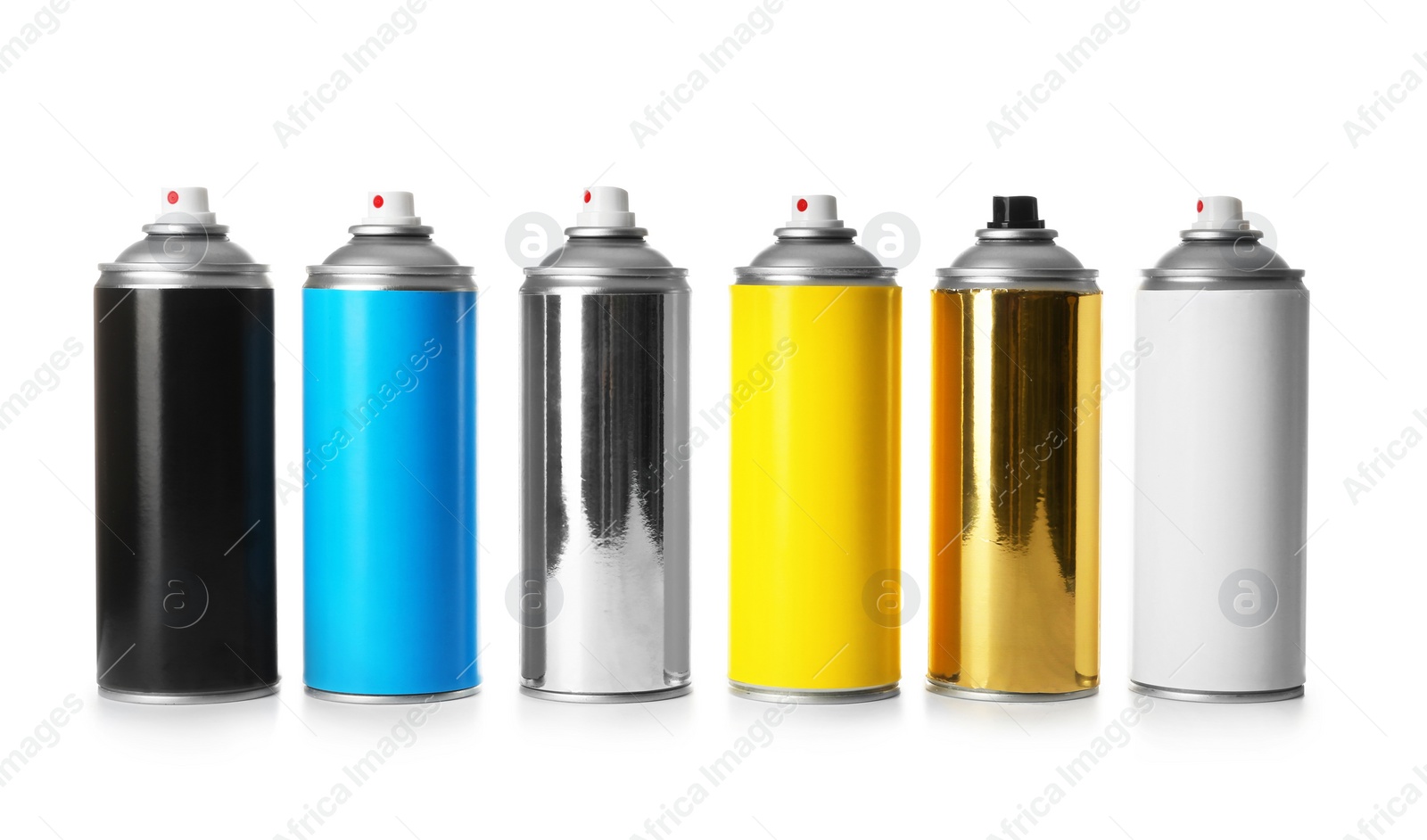 Photo of Cans of different spray paints on white background