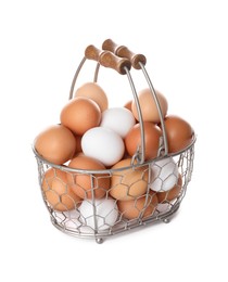 Photo of Fresh chicken eggs in metal basket isolated on white
