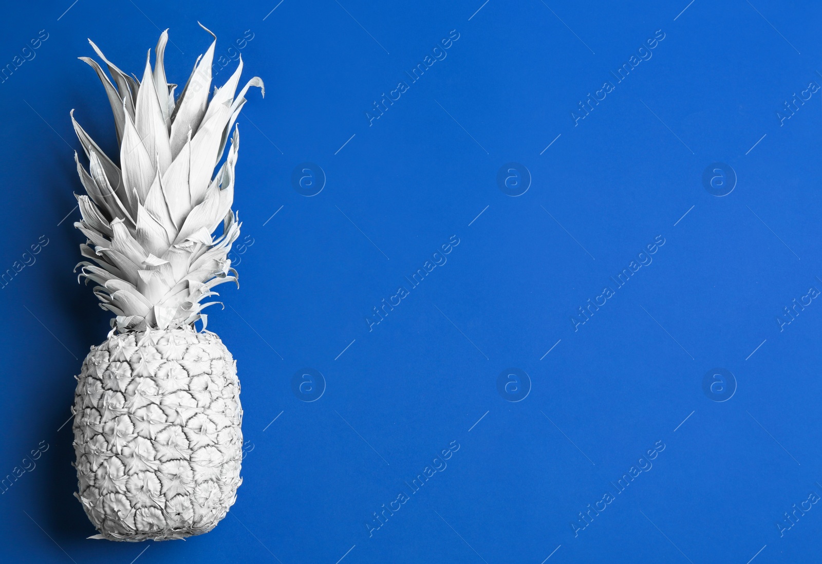 Photo of White pineapple on blue background, top view with space for text. Creative concept