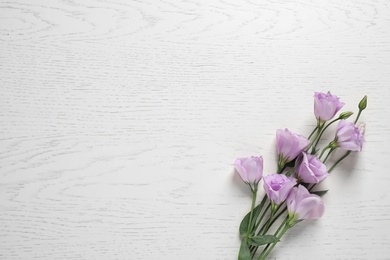 Photo of Beautiful Eustoma flowers on white wooden table, top view. Space for text