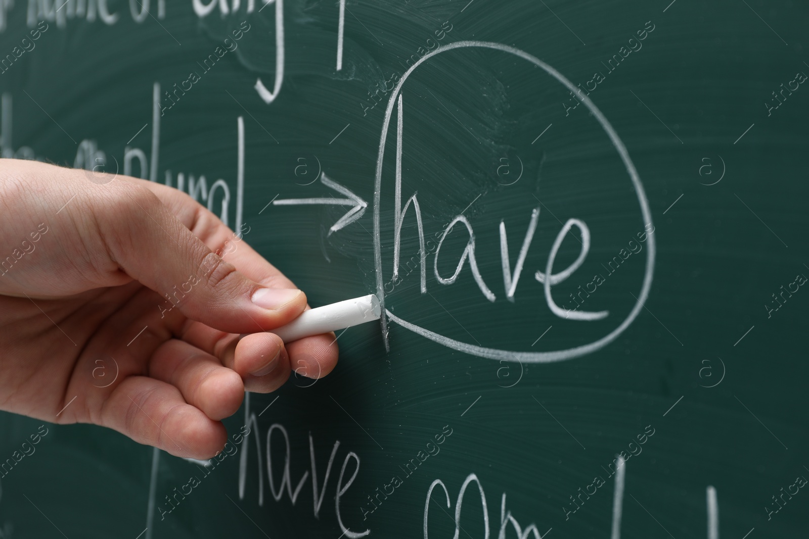 Photo of English teacher writing with chalk on green chalkboard, closeup