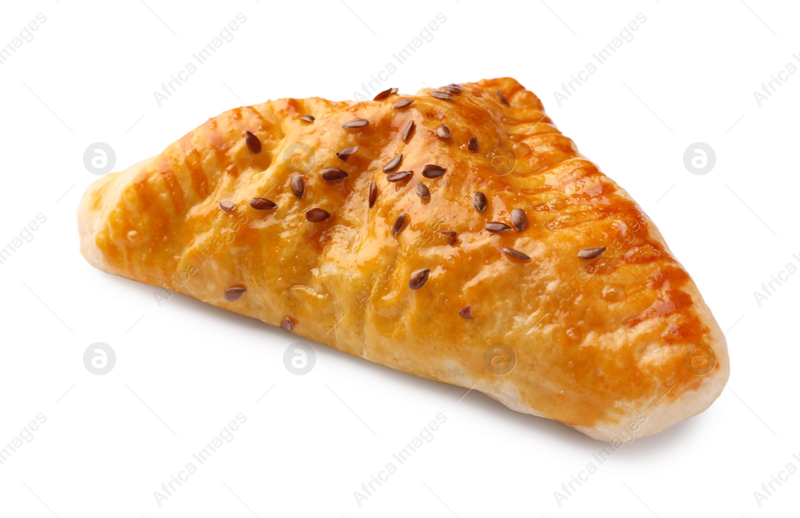 Photo of Fresh delicious puff pastry with cheese on white background