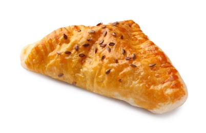 Photo of Fresh delicious puff pastry with cheese on white background