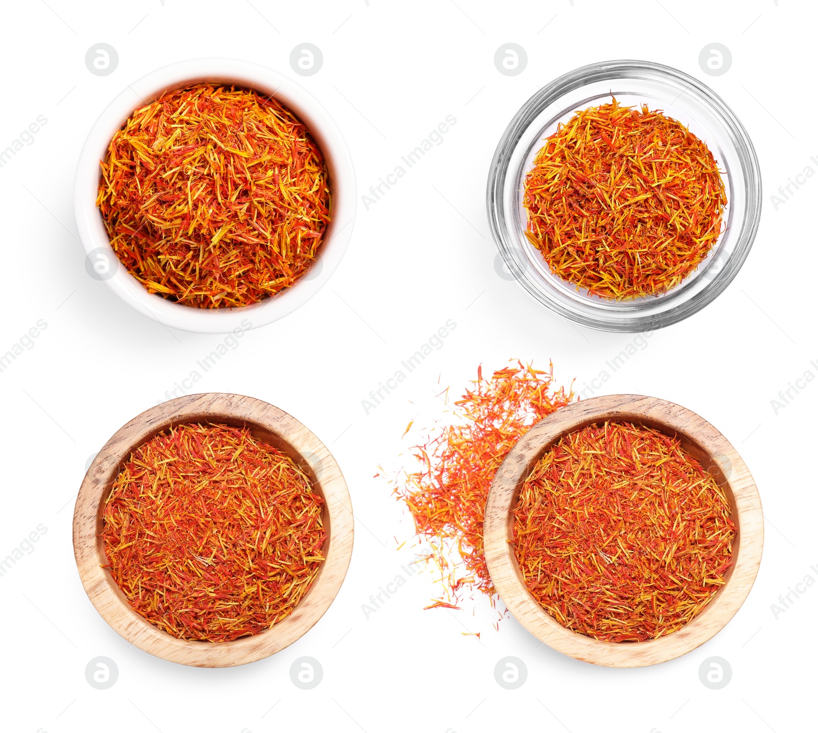 Image of Aromatic saffron in bowls isolated on white, top view