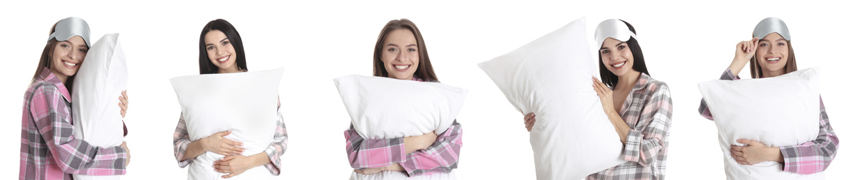 Image of Collage of young women in pajamas with pillows against white background. Banner design