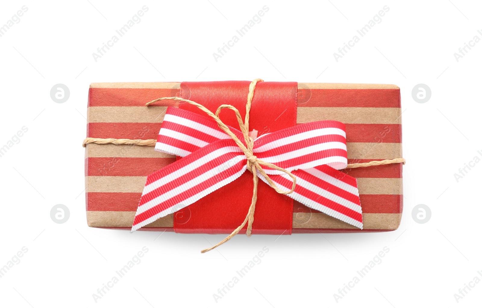 Photo of Christmas gift box decorated with bow isolated on white, top view