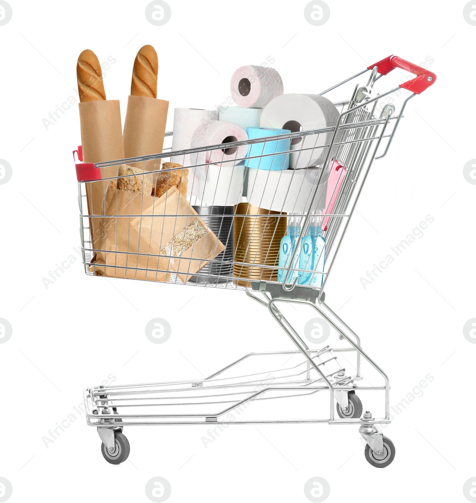 Image of Shopping cart with different products and toilet paper isolated on white 