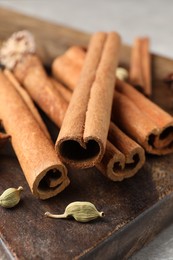 Cinnamon sticks and cardamon pods on wooden board, closeup