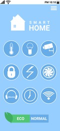 Illustration of Screen of mobile phone with SMART HOME app, illustration. Automatic technology