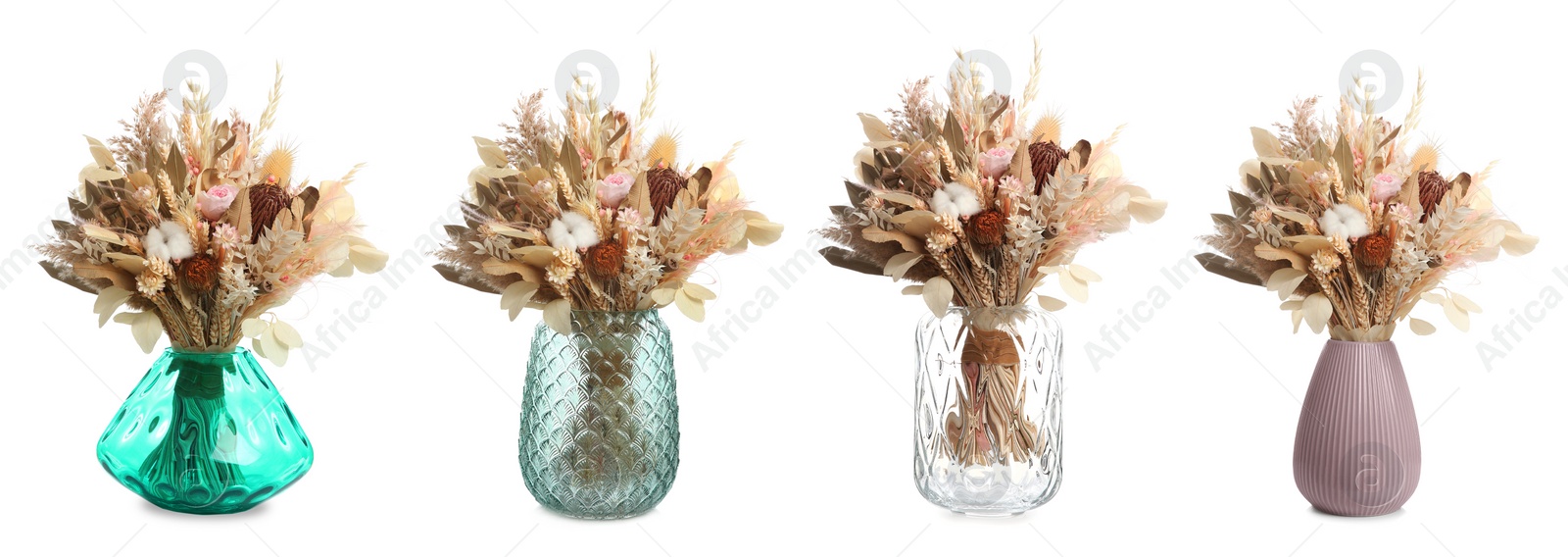 Image of Collage of stylish vases with beautiful dried bouquet on white background