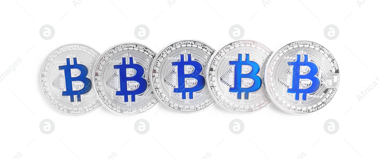 Photo of Bitcoins isolated on white, top view. Digital currency