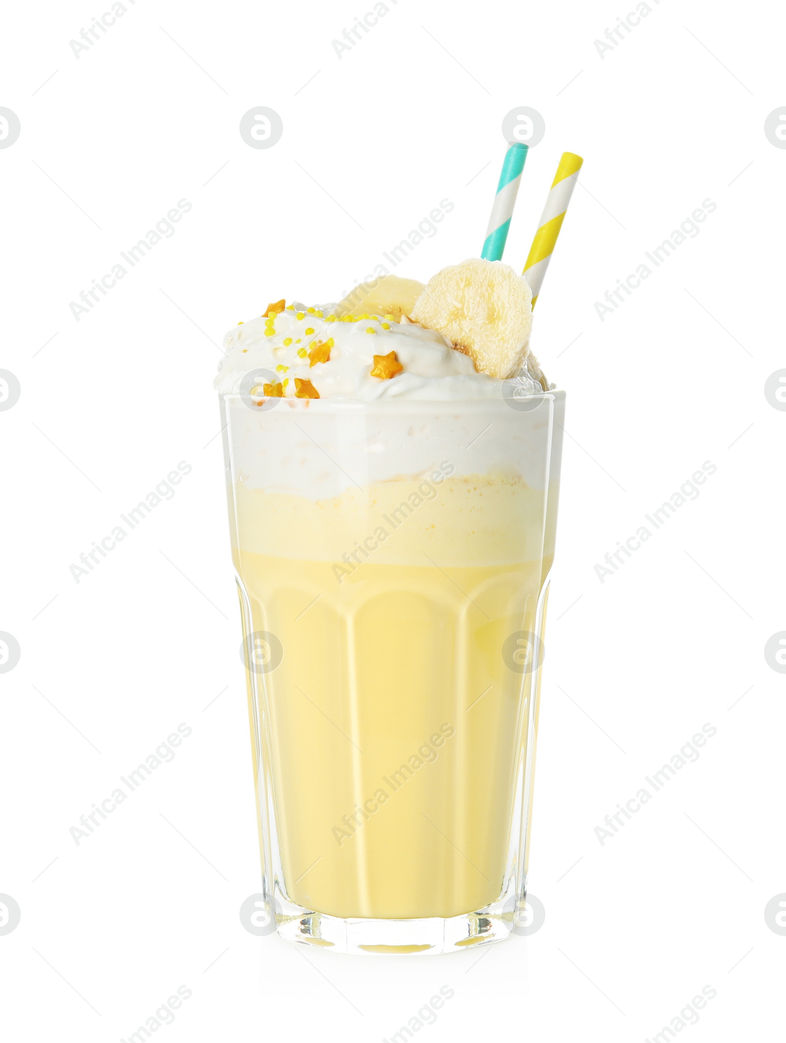 Photo of Glass of tasty milk shake on white background