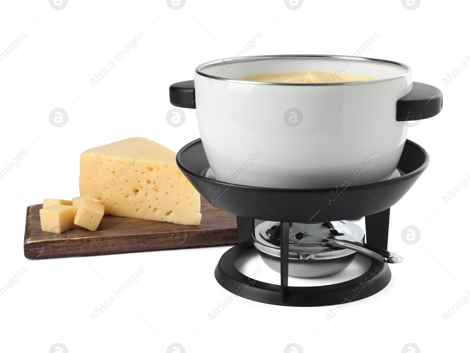 Photo of Fondue with tasty melted cheese and pieces isolated on white