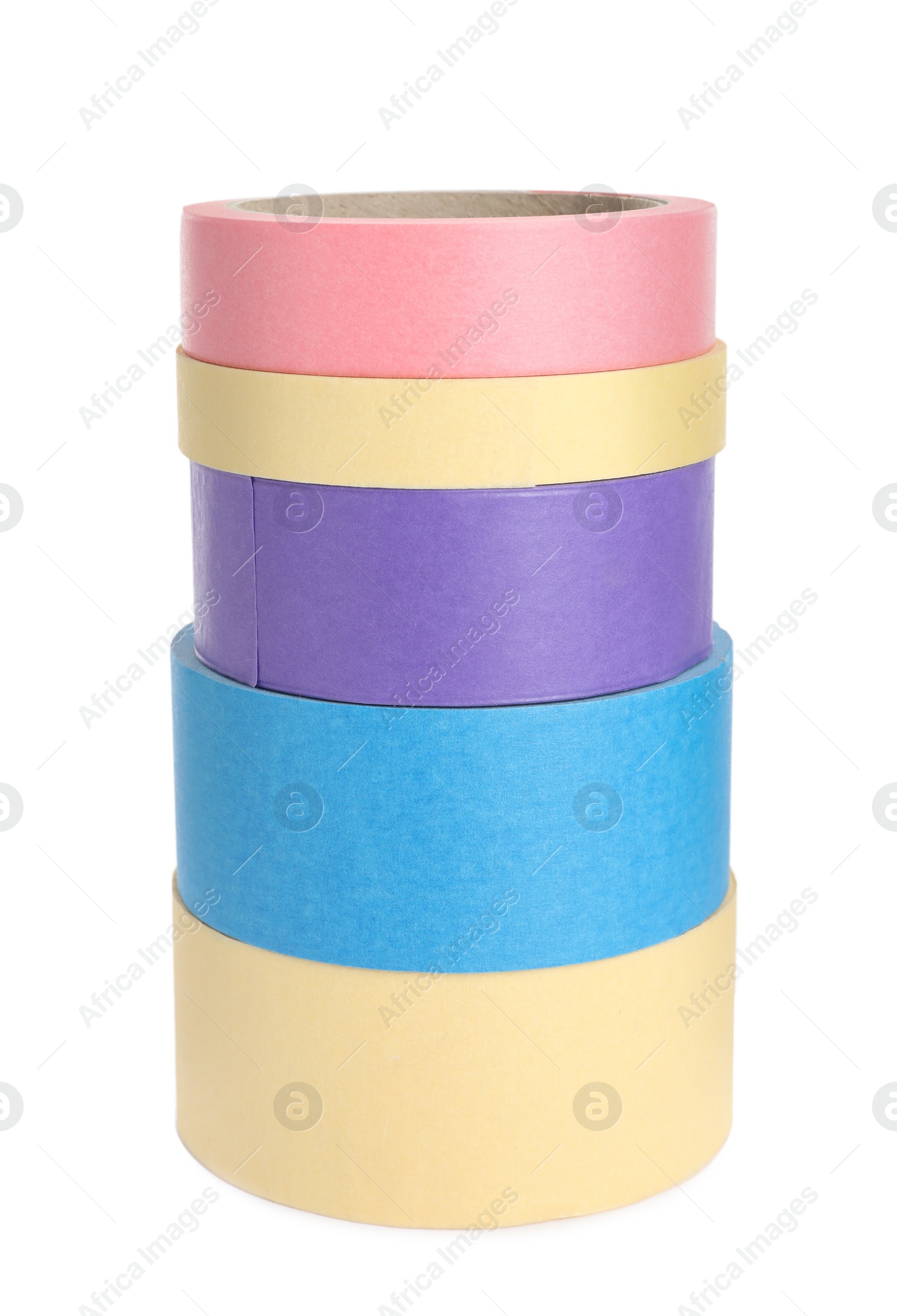 Photo of Many different rolls of adhesive tape on white background