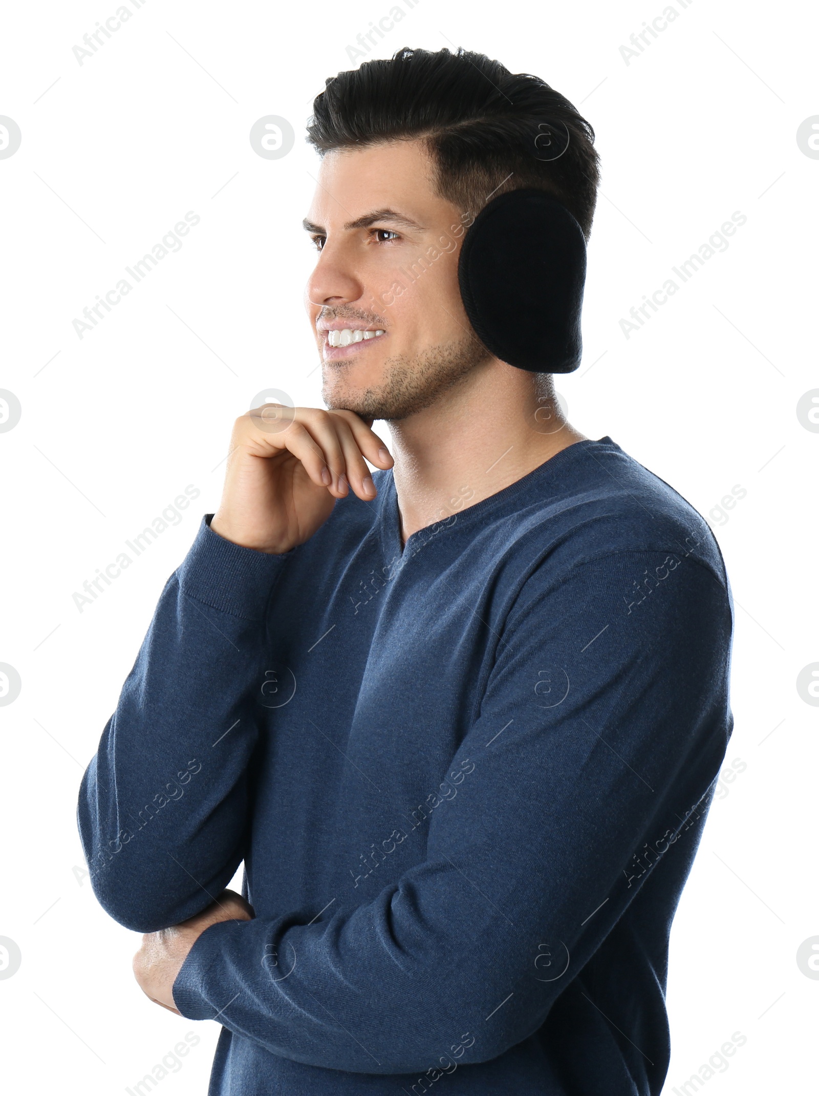 Photo of Man wearing stylish earmuffs on white background
